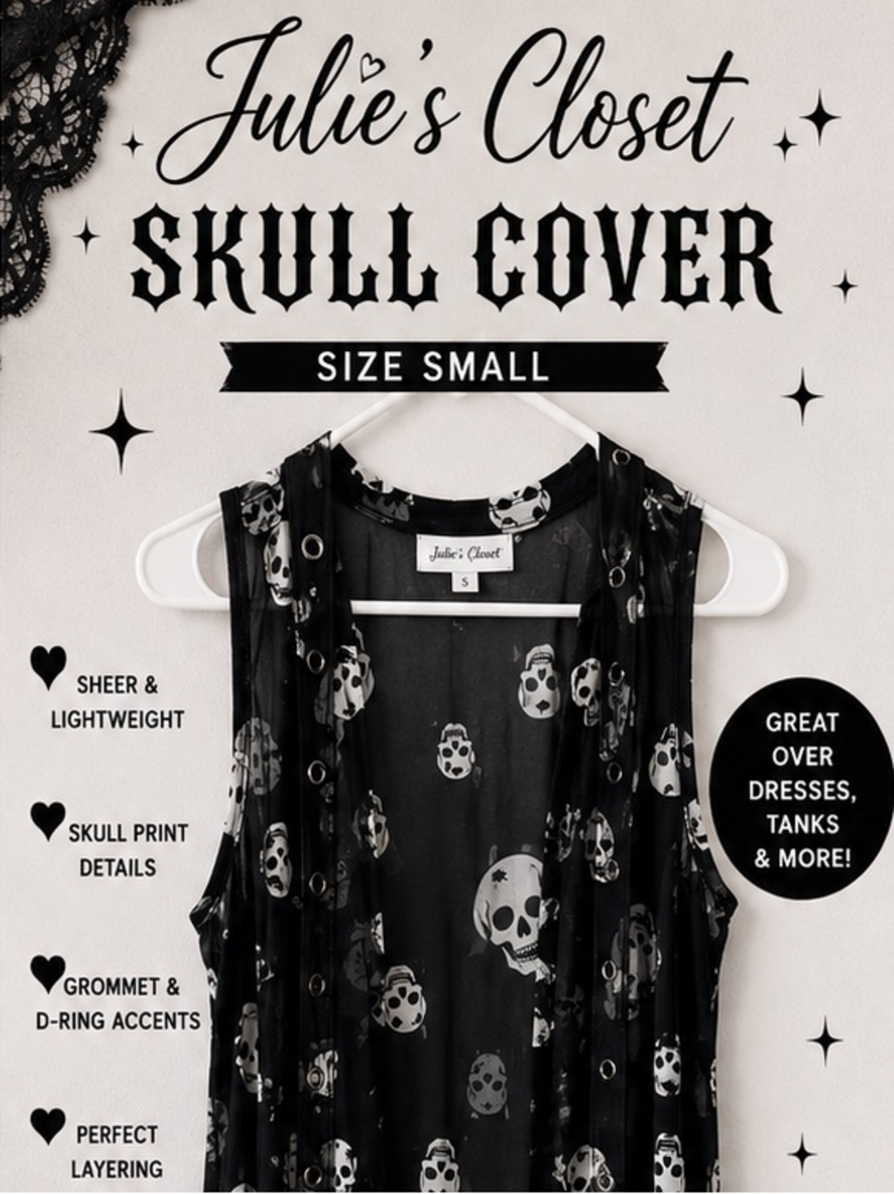Black Skull Print Sheer Overlay Set & Rhinestone Belt & Tripps SML Gothic Dress
